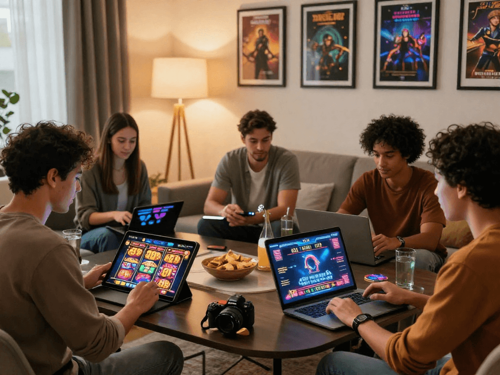 Ambiance de casino en ligne avec des amis jouant à des jeux sur des appareils numériques, ambiance accueillante.