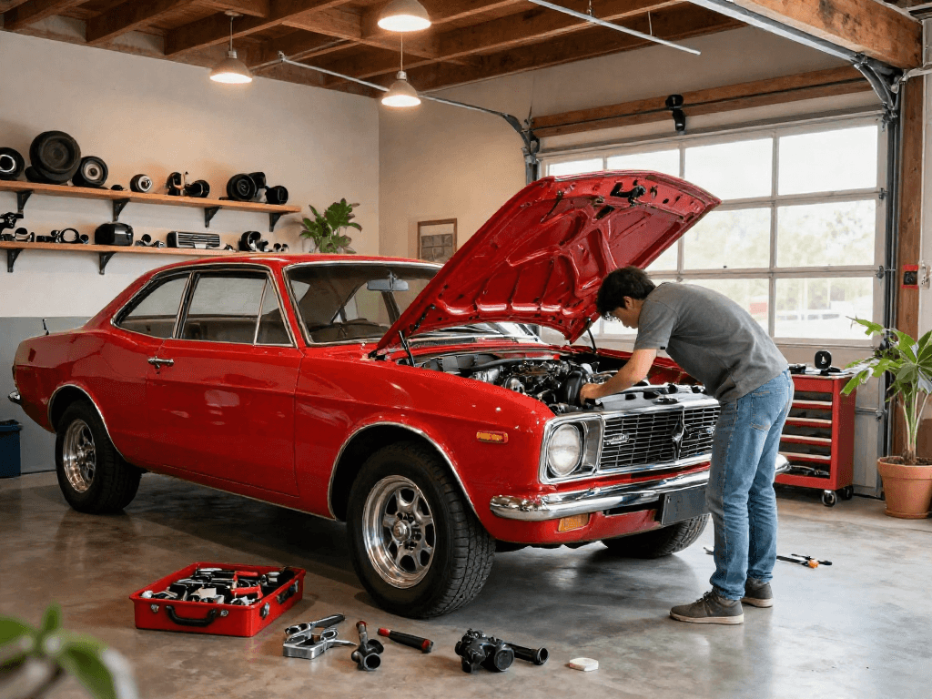 Réparation de la voiture vintage dans un garage, mettant en valeur Iron tv et l'artisanat automobile.