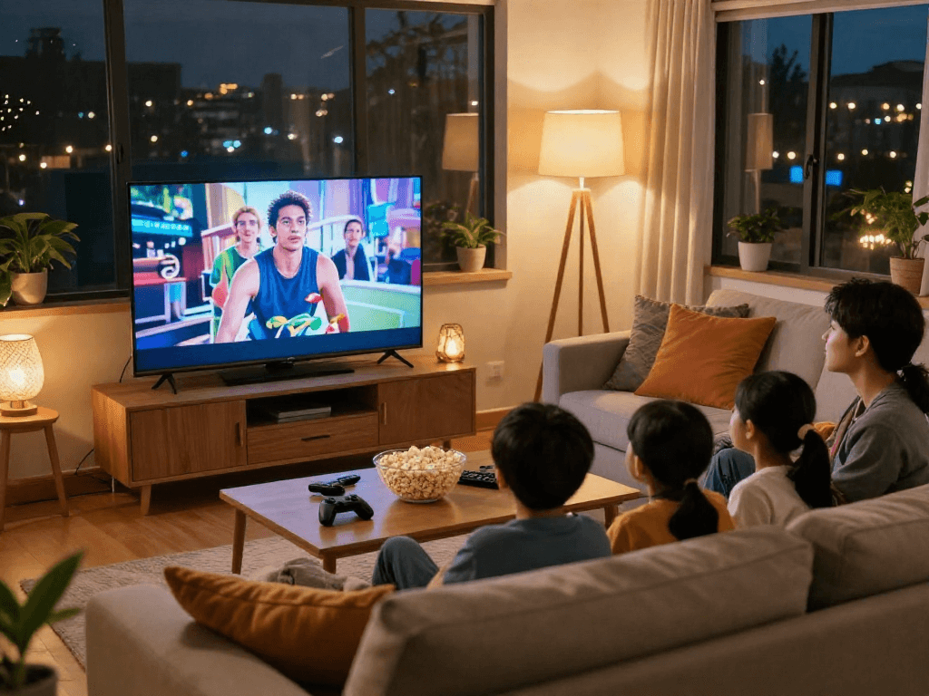 Family enjoying movie night together on Iron tv in cozy living room.