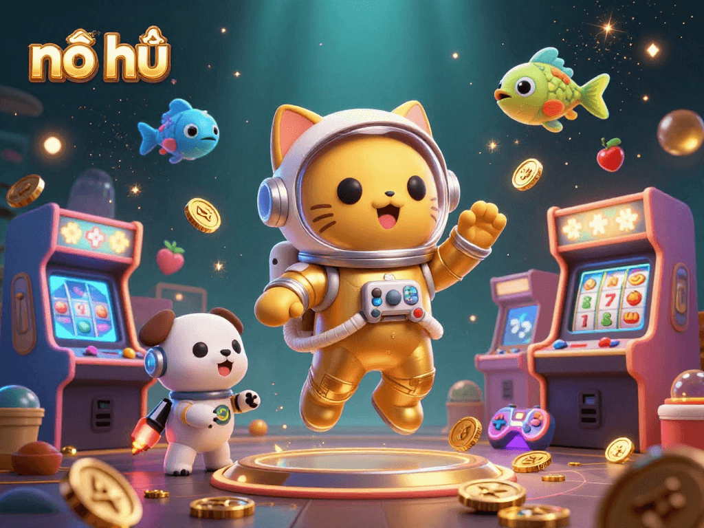 No hũ showcases exciting slot gameplay with a cartoon astronaut cat and colorful 3D game elements.