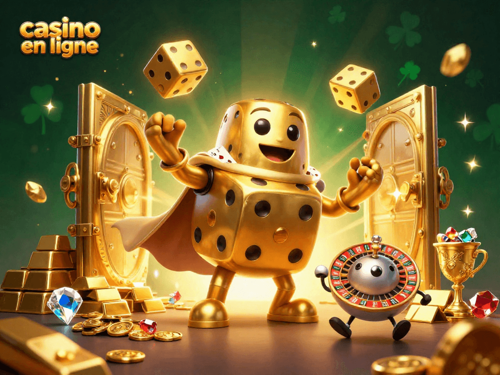 Jouez au casino en ligne avec des dés dorés et des trésors scintillants qui flottent autour.