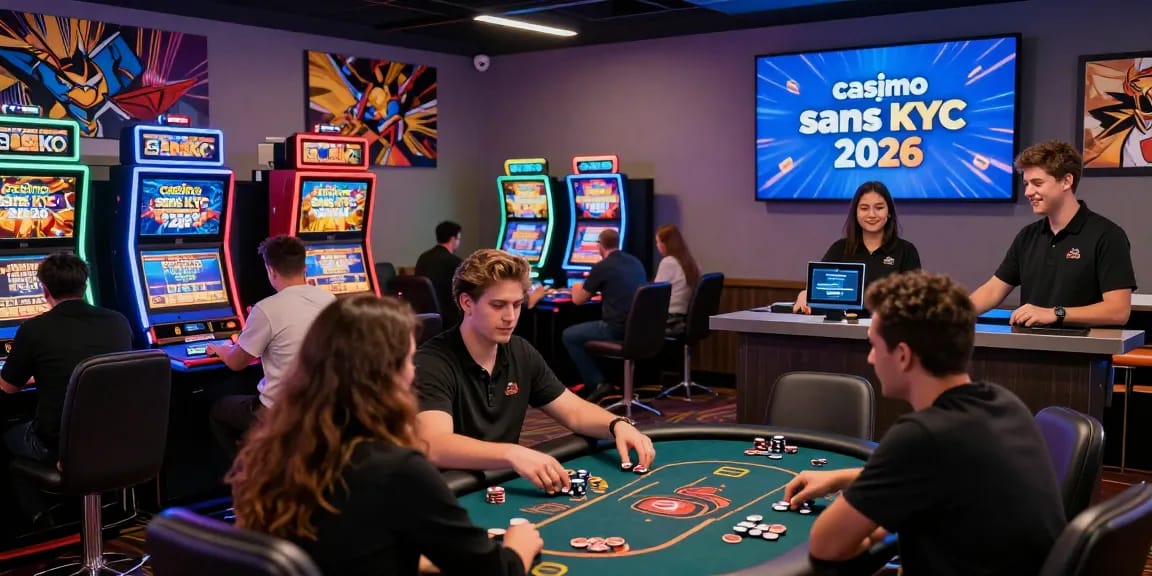 Casino crypto sans KYC 2026 : expérience de jeu engageante avec joueurs autour des machines à sous et tables de poker.