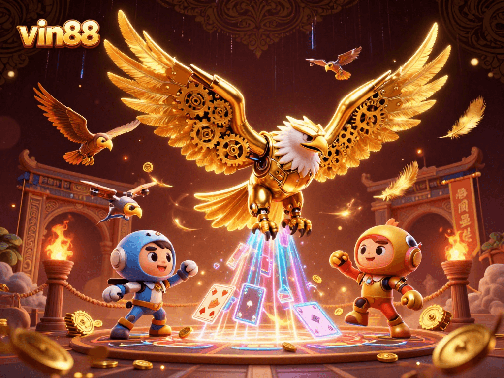 Experience the thrill of vin88 with a golden eagle soaring among holographic cards and treasures.