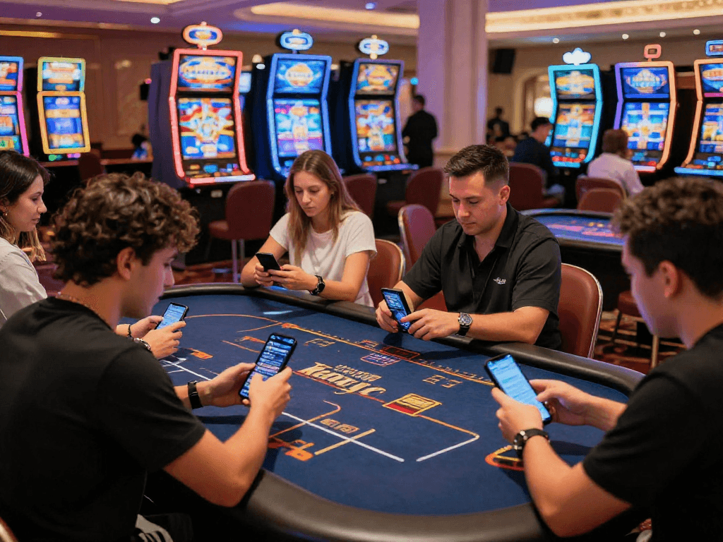 Casino en ligne retrait immédiat avec joueurs autour de tables élégantes et appareils mobiles dans une ambiance animée.