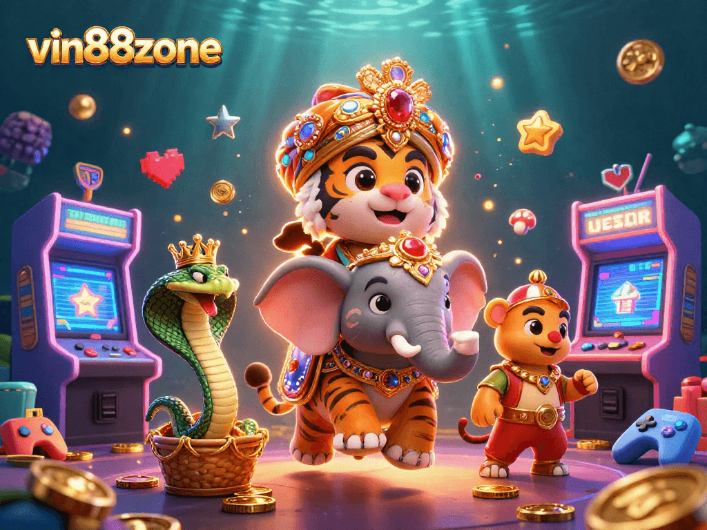 Engage with vin88zone's immersive 3D casino scene featuring animated characters and vibrant game elements.