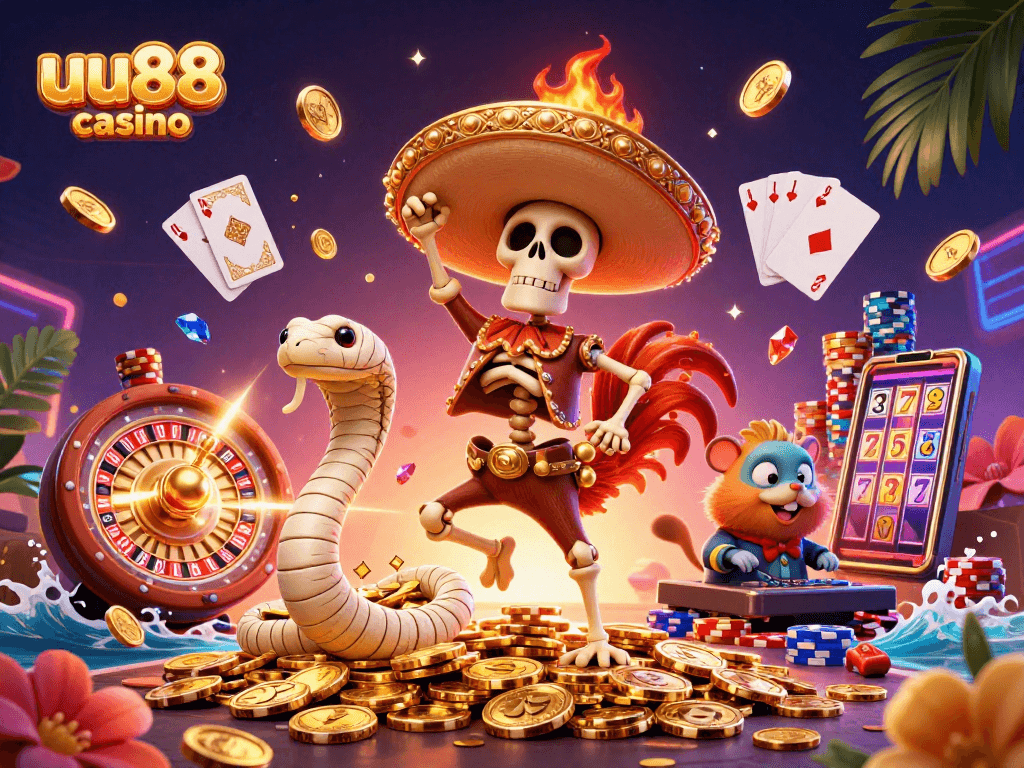 Experience vibrant casino fun with uu88 casino's animated characters celebrating amidst colorful coins and game elements.