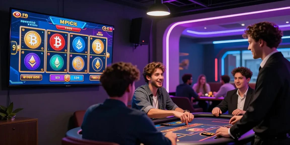 Joueur de casino français crypto s'amusant sur des machines à sous numériques avec des lumières néon.