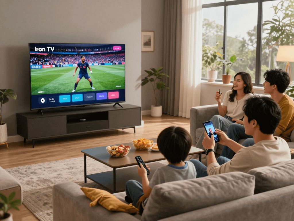 Famille profitant de ses moments de divertissement avec Iron tv dans un salon moderne.
