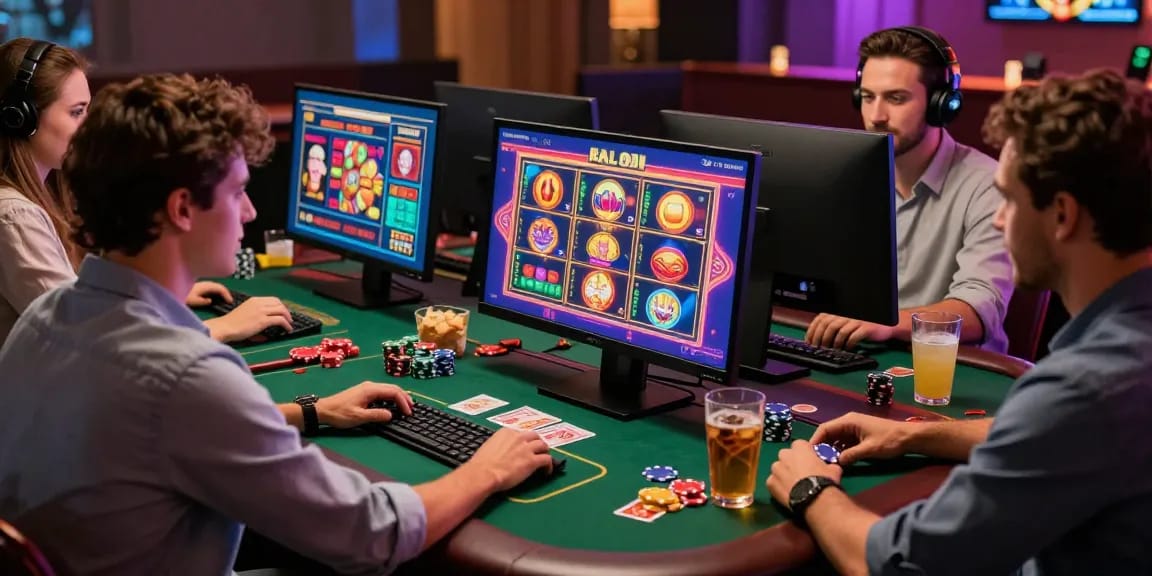 Scène de casino en ligne avec des amis jouant ensemble, ambiance conviviale et festive.