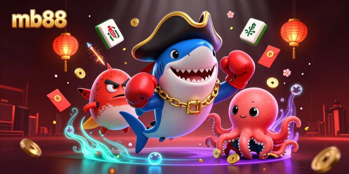 mb88 pirate-themed casino scene with a shark, pufferfish, and octopus celebrating wins.