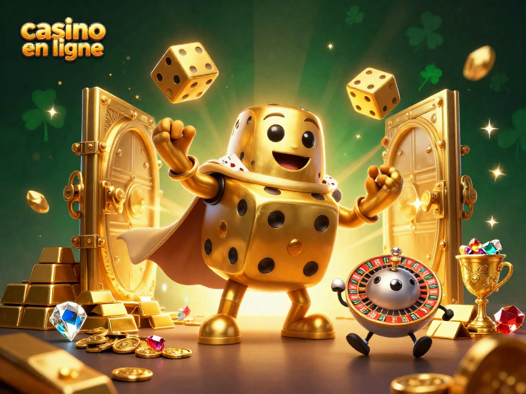 Jouez au casino en ligne avec des dés dorés et des trésors scintillants qui flottent autour.