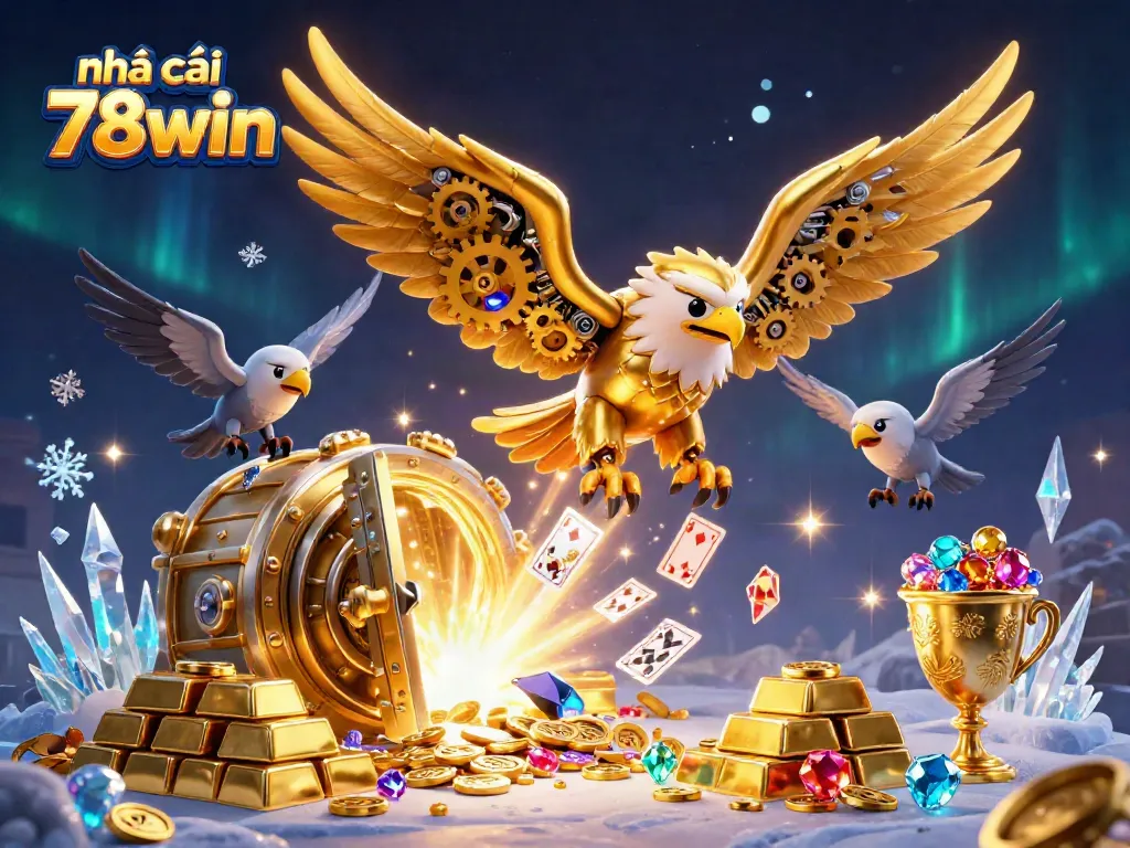 Action-packed scene with nhà cái 78win, showcasing a golden eagle diving through holographic cards amidst treasures and dazzling gems in a vibrant casino setting.