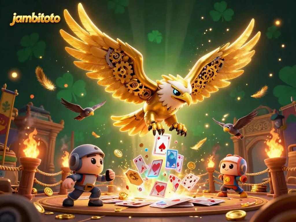 Experience the thrilling dive of the jambitoto eagle amidst holographic cards and golden coins.