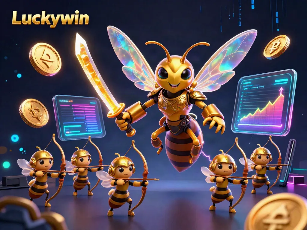 Experience thrilling casino adventures with Luckywin, featuring a golden hornet wielding honey katanas amidst neon blockchain elements.