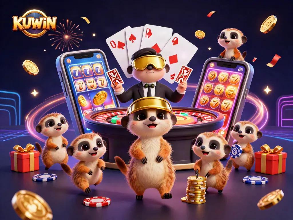 KUWIN meerkats lead an animated casino scene, managing games and winning with slots.