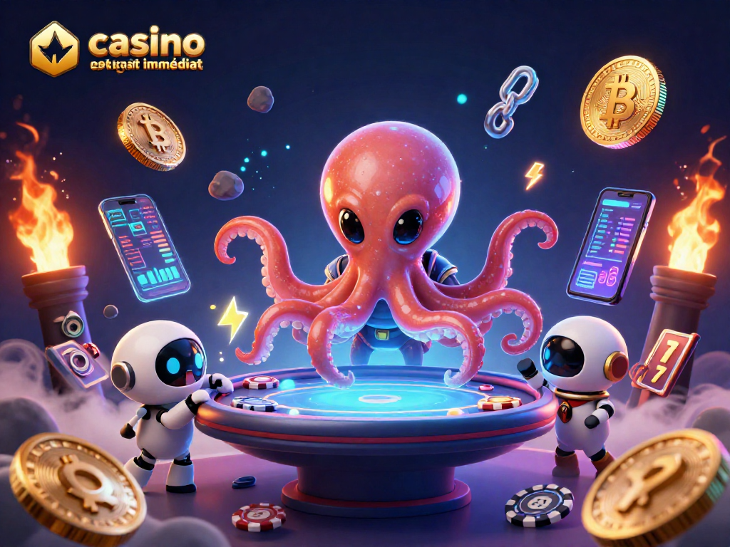 Jouer au casino en ligne retrait immédiat grâce à un octopus alien et un robot sur une table holographique.