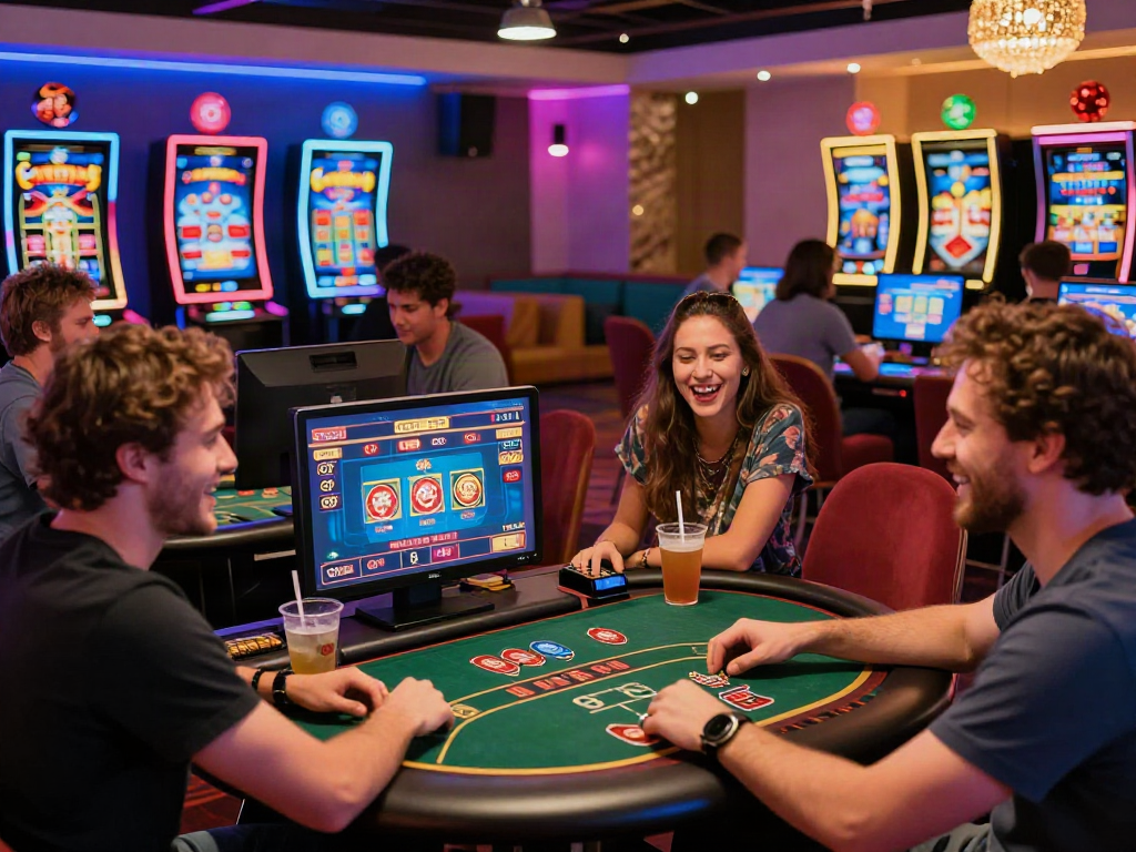 Scène de jeu de casino francais en ligne avec amis profitant de l'ambiance festive