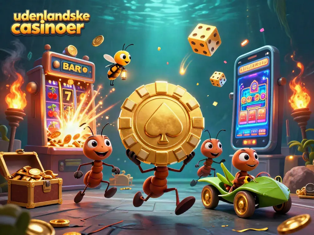 Ants with a poker chip in a rich casino-themed scene promoting udenlandske casinoer