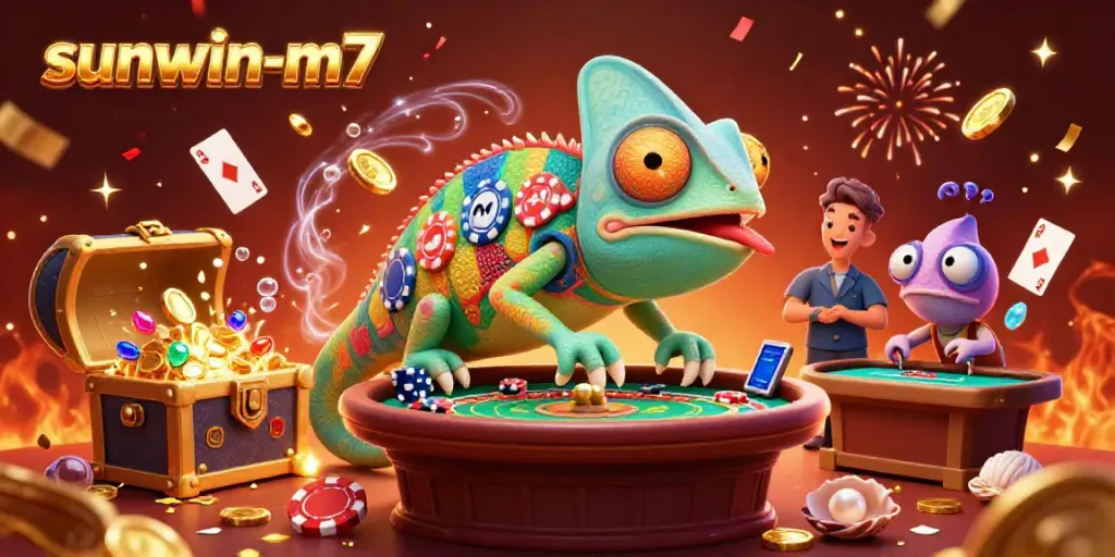 Engaging scene showcasing a chameleon casino owner and treasure elements, highlighting sunwin-m7's vibrant gambling atmosphere.