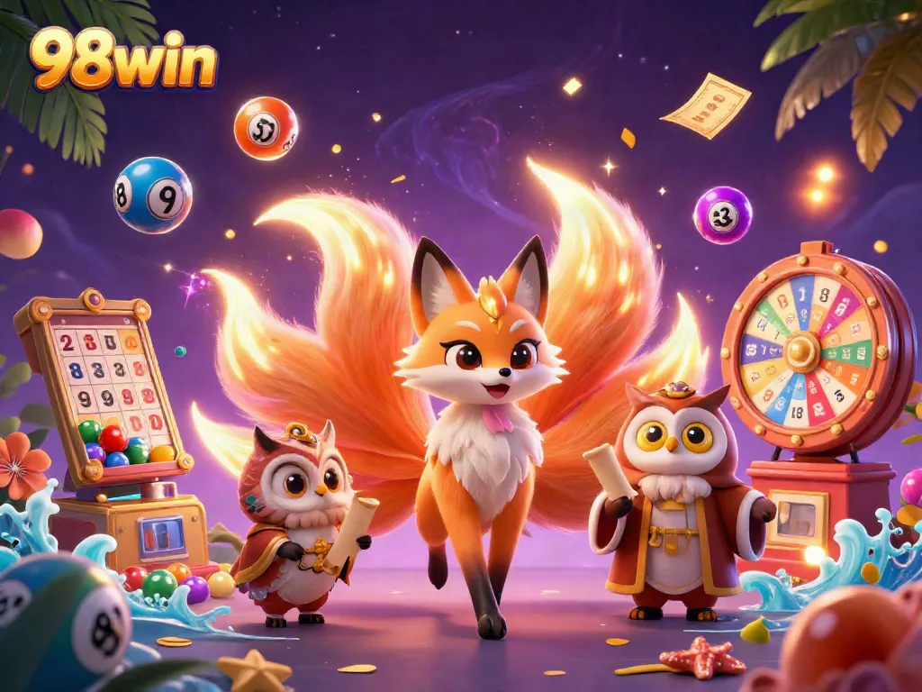 Engage in the vibrant world of 98win with a colorful illustration showcasing a nine-tailed fox spirit and wise owl sage amidst dynamic gambling elements.