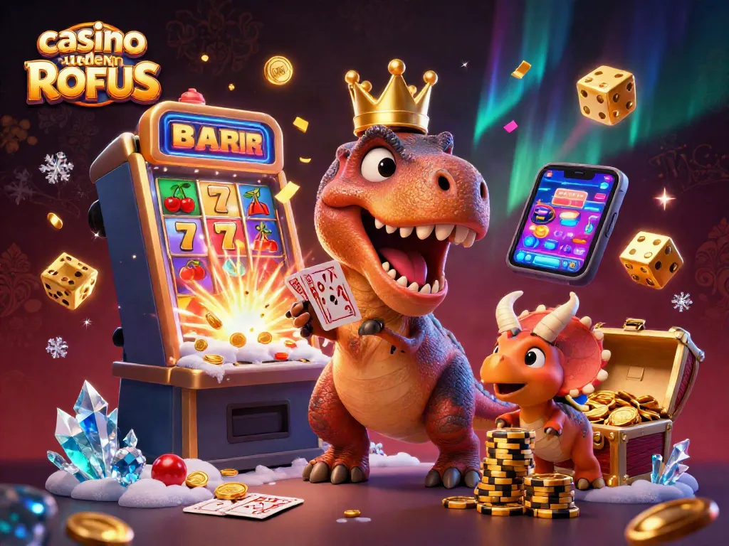Experience the thrill of playing at a casino uden ROFUS, shown by a T-Rex shuffling cards and winning