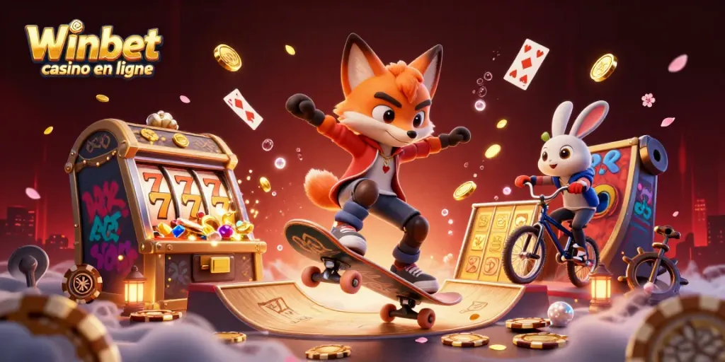 Découvrez Winbet casino en ligne avec un renard et un lapin dans un décor coloré et ludique.