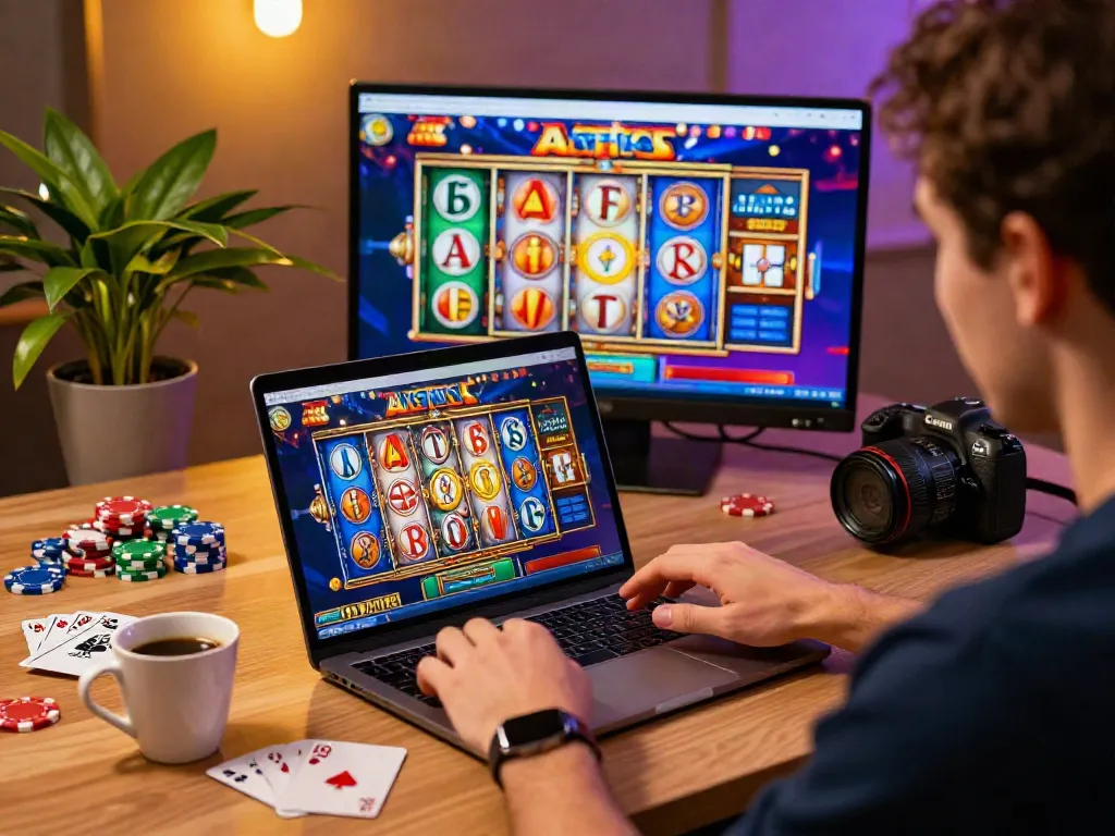 Casinos en ligne avec bonus sans dépôt illustrant un joueur captivé par une machine à sous virtuelle.