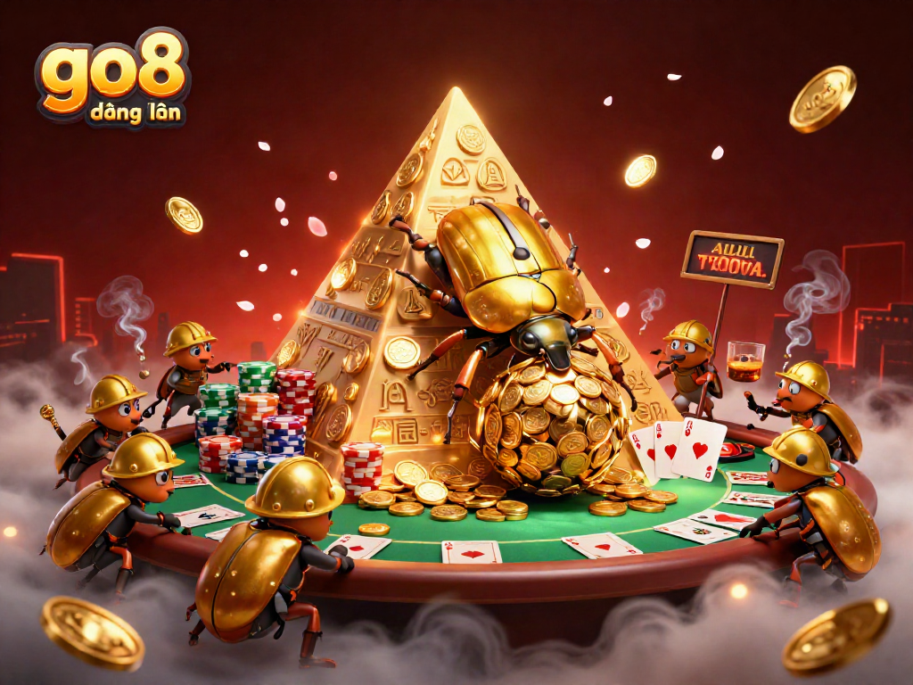 Engage with go8 đăng nhập as the golden dung beetle rolls coins while poker elements surround the scene.