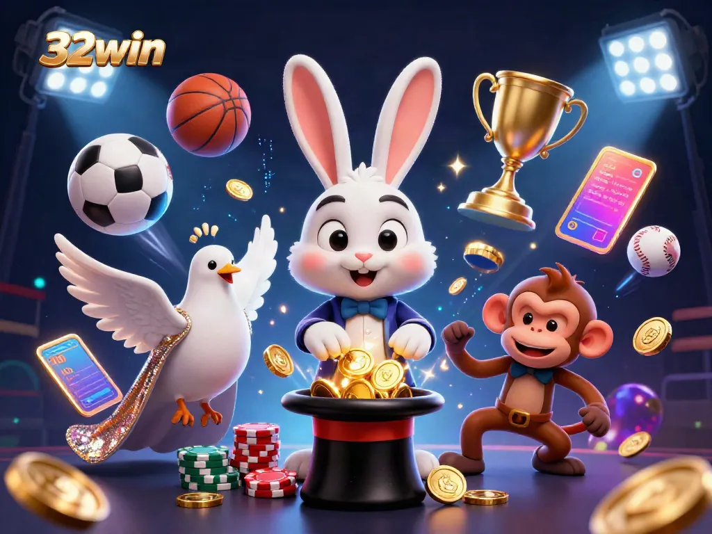 Experience the thrill of betting with 32win, featuring a magician rabbit, dove, and monkey amid dynamic sports elements.