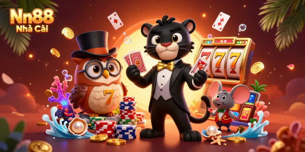 Nn88 Nhà Cái showcases a dynamic casino scene with stylish characters playing cards amid sparkling jackpots and treasures.