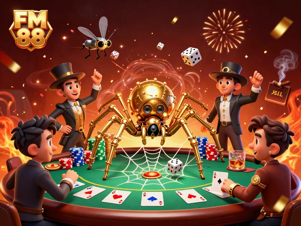 Engage with FM 88's thrilling 3D scene illustrating steampunk elements and golden webs of poker