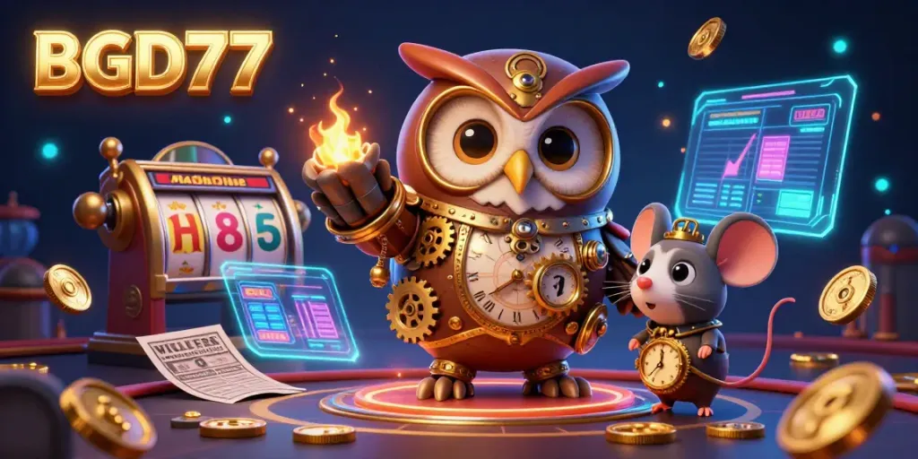 Experience thrilling gameplay with BGD77 at this vibrant 3D casino illustration featuring slots and sports betting.