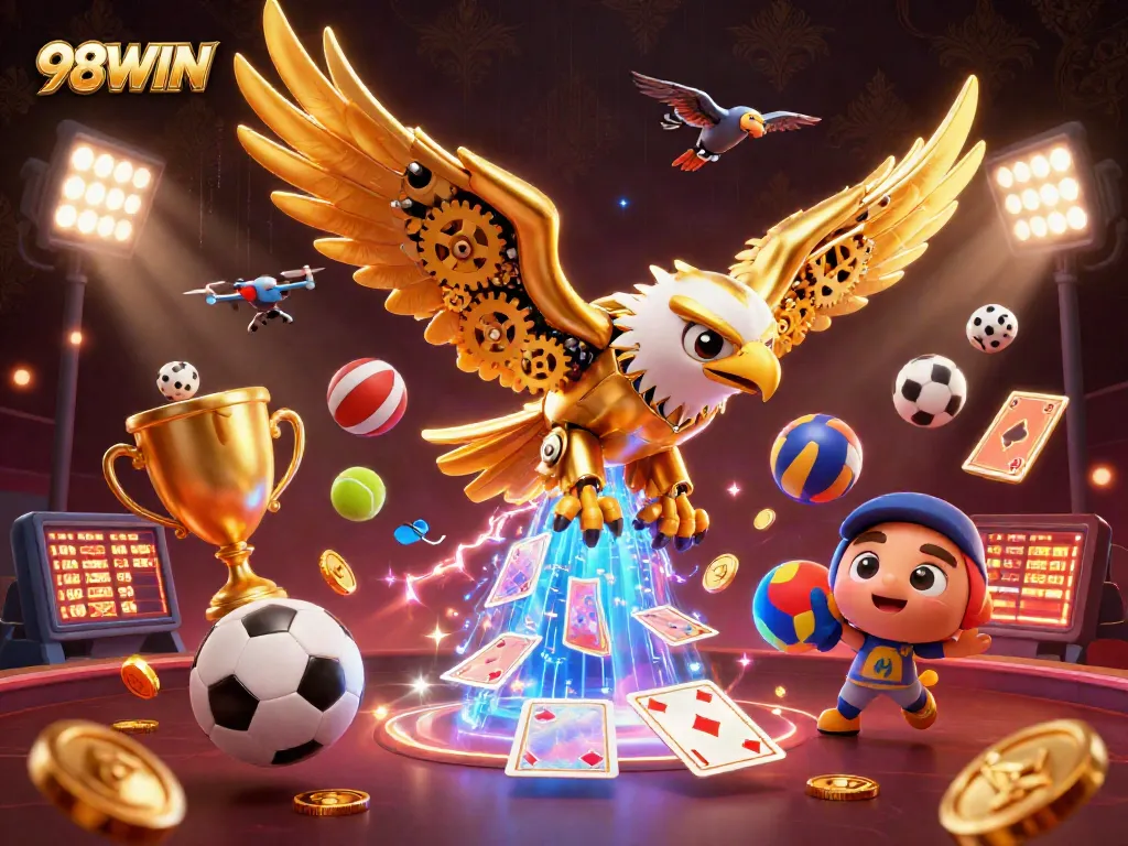 Engage with 98WIN's exciting gaming experience featuring a golden eagle amid dynamic sports visuals.