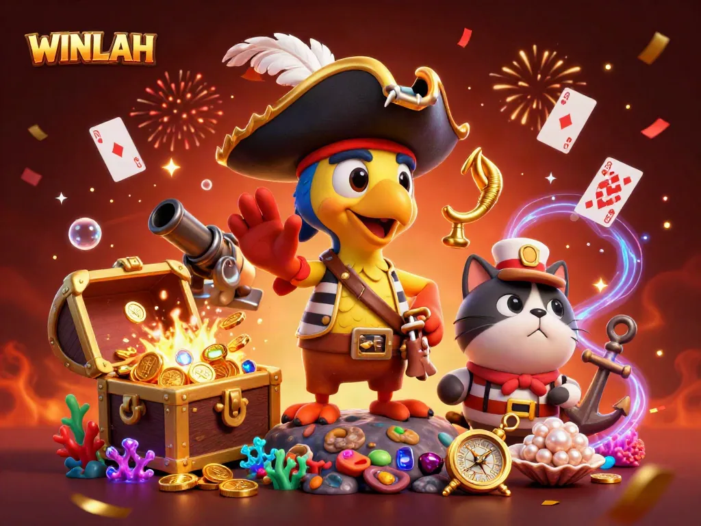 WINLAH's pirate-themed casino adventure illustration showcasing games and treasures.