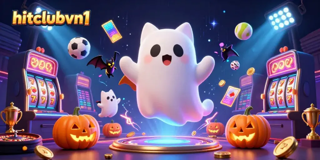 Hitclubvn1 visualizes strategies for players with a ghost cat and vampire bat in a haunted casino.