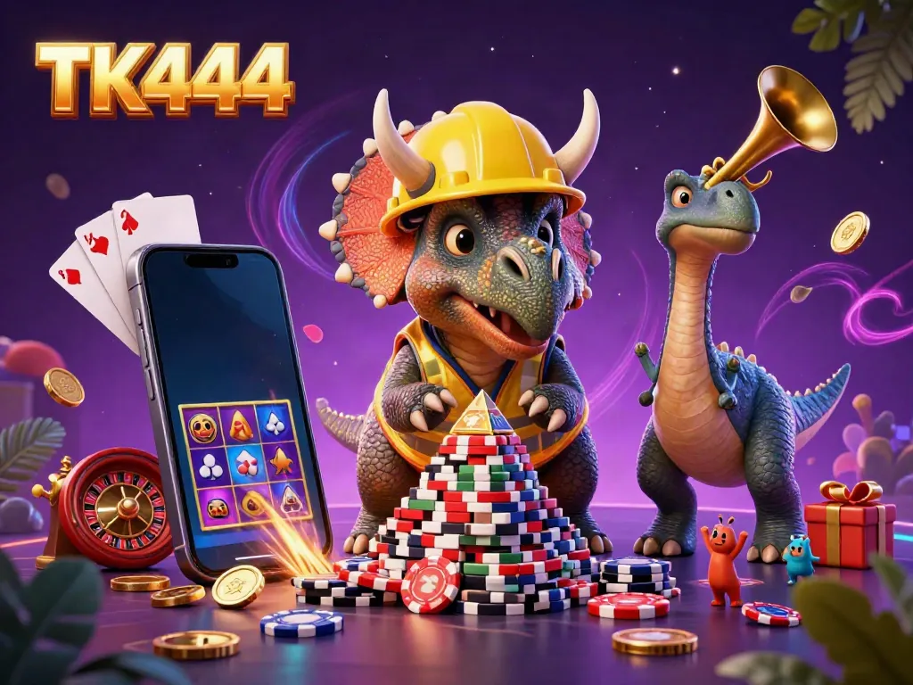 Engage with TK444's thrilling casino scene as the triceratops builds poker chip pyramids in celebration of vibrant gaming elements.