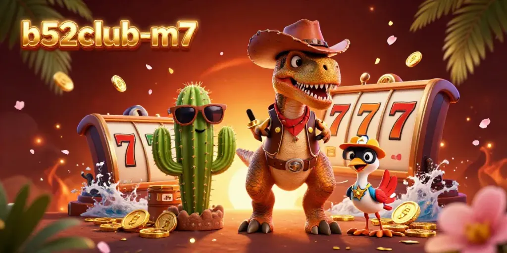 b52club-m7 offers exciting slots with a thrilling cartoon dinosaur cowboy and vibrant elements.
