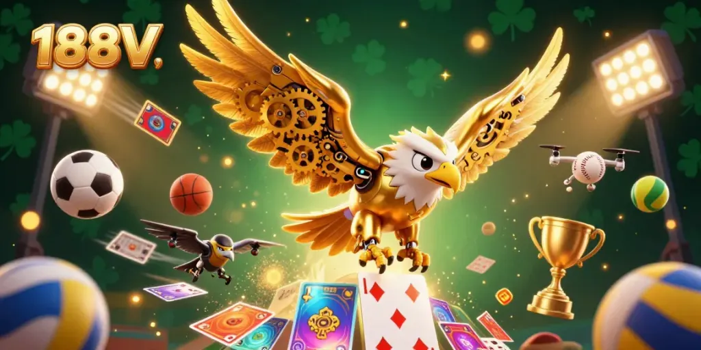 Engage in thrilling sports betting with 188V, featuring a dynamic golden eagle soaring through playing cards.