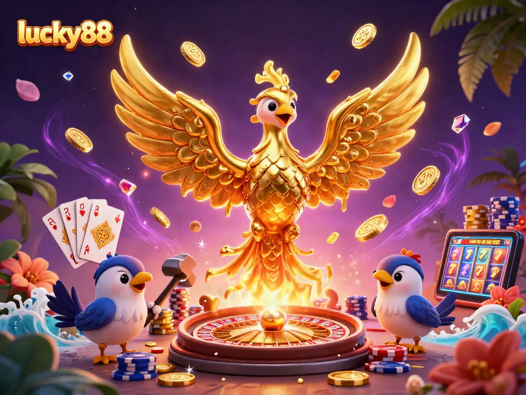 Experience the excitement of lucky88 with the phoenix rising in a vibrant casino scene filled with gold and action.