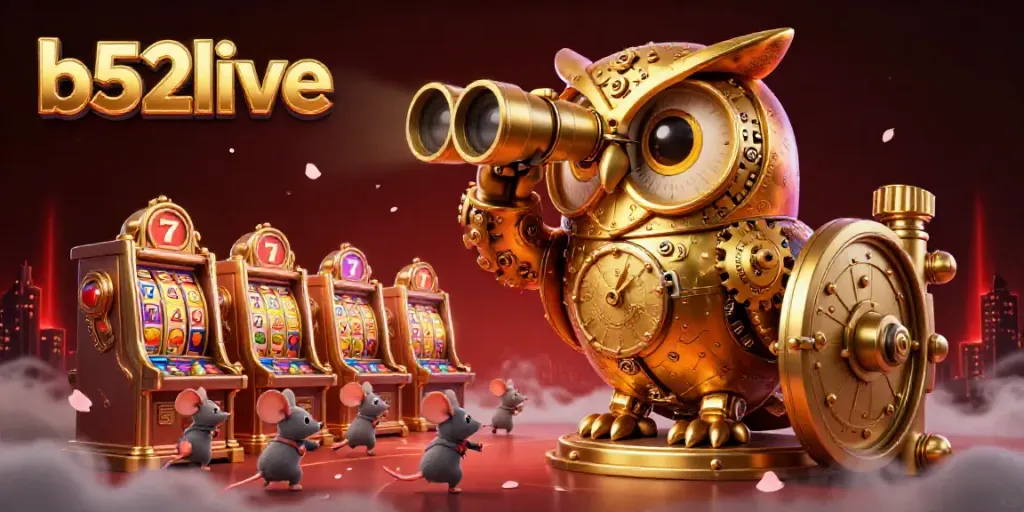 Experience vibrant gaming with b52live; a thrilling owl and mouse scene amidst slot machines.