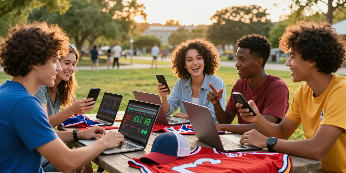 Groupe d'amis discutant des meilleurs sites de paris sportifs dans un parc, ambiance festive