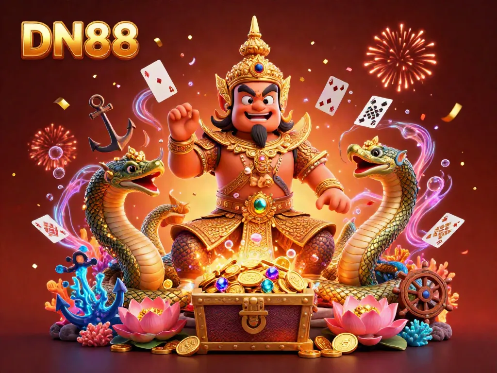 Experience thrilling gaming with DN88's dynamic guardians and treasure in an immersive casino scene.