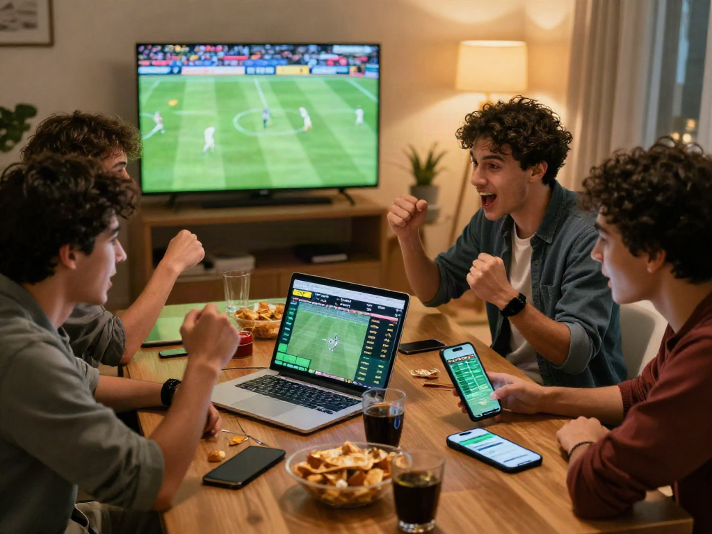 Groupe d'amis plaçant des paris sur le meilleur site de paris sportif, ambiance enthousiaste autour d'un match.