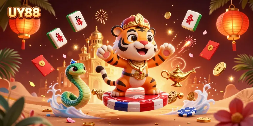 Experience majestic UY88 casino adventures with a tiger sultan and magical elements.