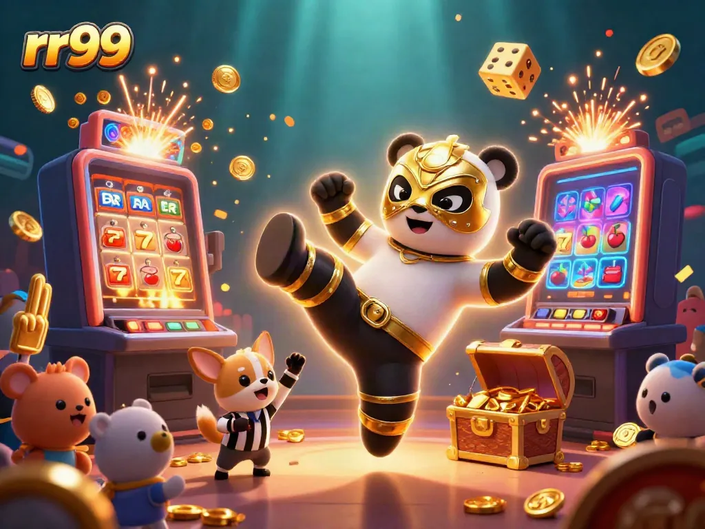 Witness the thrilling action at rr99 featuring a panda wrestler surrounded by casino excitement!