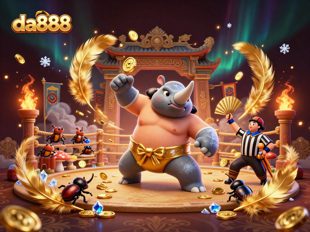 Experience the exciting da888 gaming scene with a rhinoceros beetle sumo champion triumphantly sending coins flying.