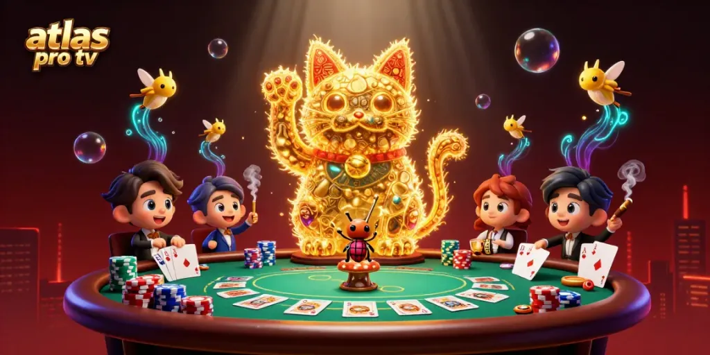 Vivez l'expérience de l'atlas pro tv avec ce chat chanceux animé et des éléments de jeu captivants.