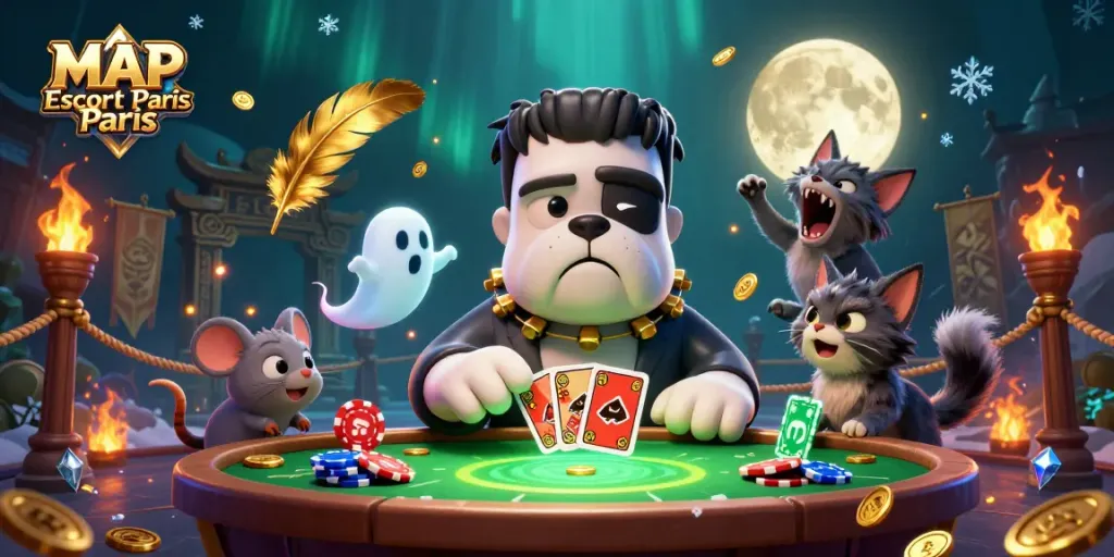 Engage with MAP Escort Paris through an enchanting 3D illustration featuring themed characters and vibrant casino elements.