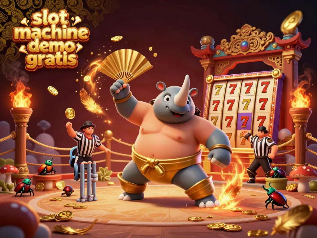 Enjoy a thrilling scene of a rhinoceros beetle sumo champion stomping and sending coins flying in a colorful slot machine demo gratis.