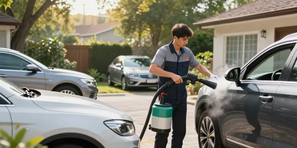 Service de lavage voiture à domicile Toulon avec un professionnel utilisant un équipement écologique pour nettoyer un véhicule.